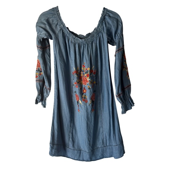 Socialite Dresses & Skirts - Socialite Denim Blue Embroidered Off The‎ Shoulder Dress Size S Boho Western